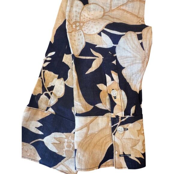 REISS Floral Tie Waist Blouse Navy Gold Large Print Size 2 EUC Linen Blend - Picture 9 of 11